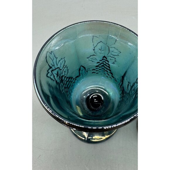 set of 2 Vintage Blue Carnival Glass Grape & Vine Goblets cups 5" tall READ - Picture 3 of 8